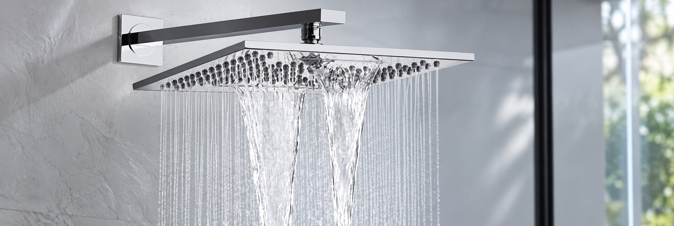 BathSelect polished chrome ceiling-mounted square rainfall shower system with six body jets and handheld sprayer